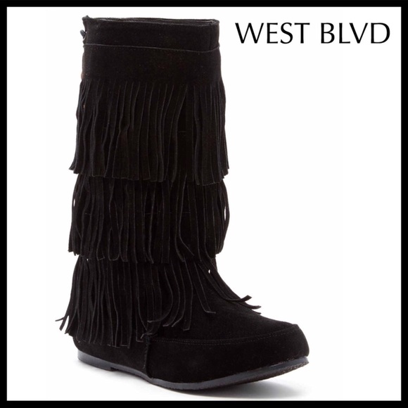 West Blvd Shoes - BLACK SIZE 11 FRINGE BOOTS BOHO FLAT BOOTIES A2C